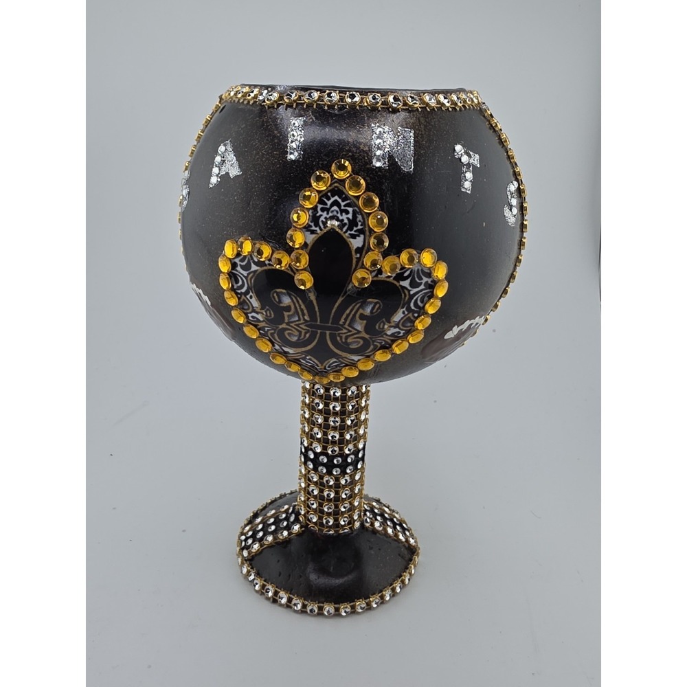 New Orleans Saints Fleur De Lis Rhinestone Goblet & Matching Zipper Pouch Set - Picture 4 of 13